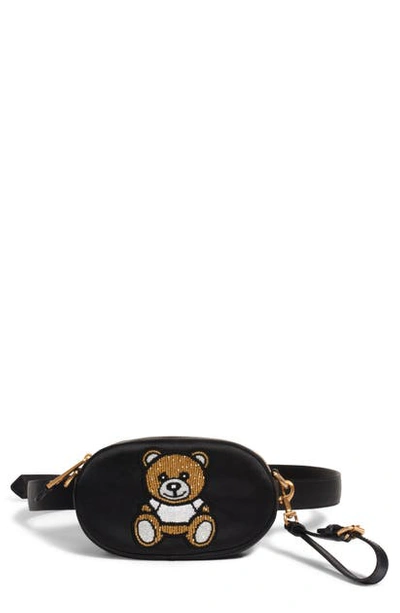 Shop Moschino Beaded Teddy Satin Pouch In Fantasy Print Black