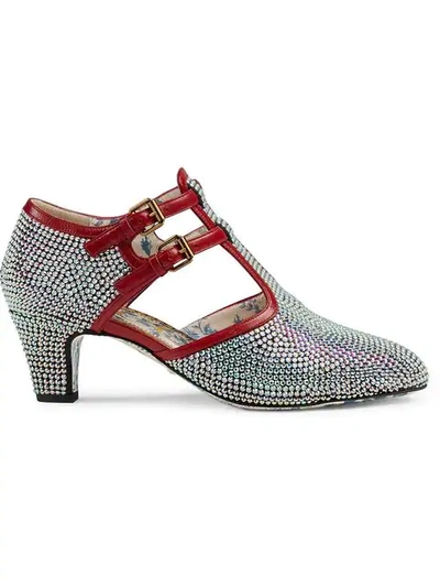 Shop Gucci Crystal T-strap Pumps In Silver