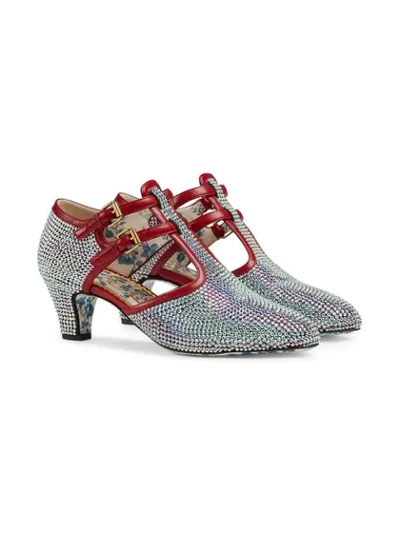 Shop Gucci Crystal T-strap Pumps In Silver