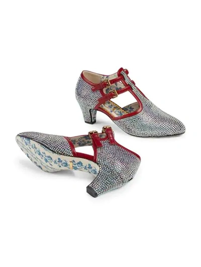 Shop Gucci Crystal T-strap Pumps In Silver