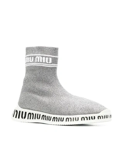 Shop Miu Miu Knit Hi-top Sneakers In F0qbw Cromo/ Bianco