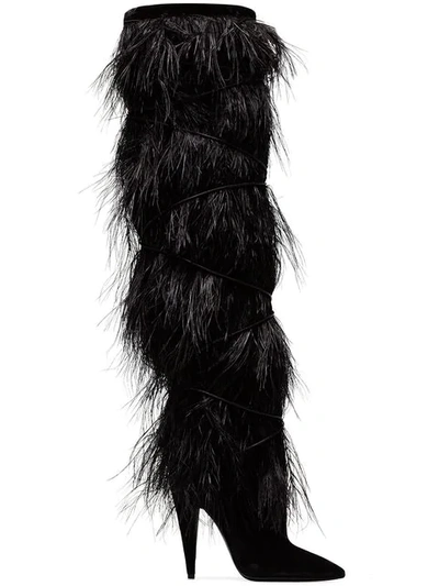 Shop Saint Laurent Black Yeti 110 Ostrich Feather Over-the-knee Boots