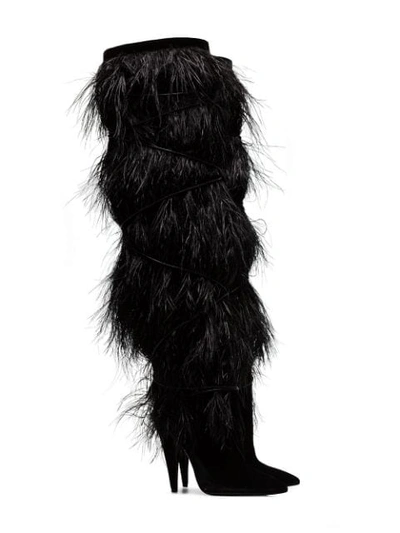 Shop Saint Laurent Black Yeti 110 Ostrich Feather Over-the-knee Boots