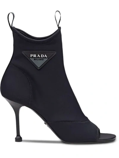 Shop Prada Open Toe Logo Boots In Black