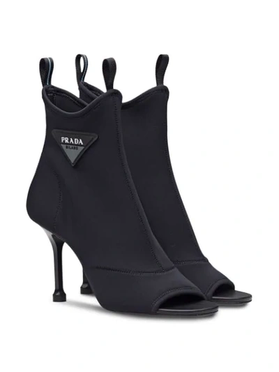 Shop Prada Open Toe Logo Boots In Black