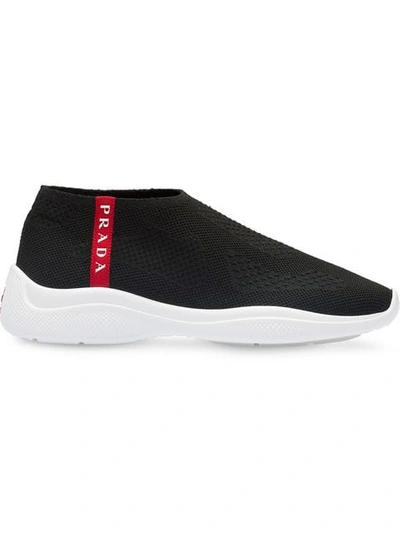 Shop Prada Sport Knit Fabric Sneakers - Black