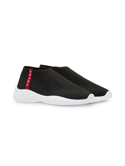 Shop Prada Sport Knit Fabric Sneakers - Black