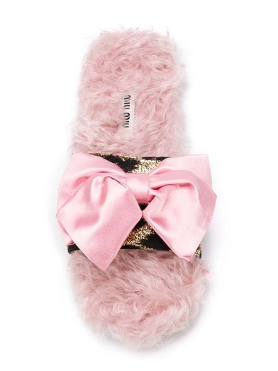 Shop Miu Miu Bow Furry Flat Sandals In Pink