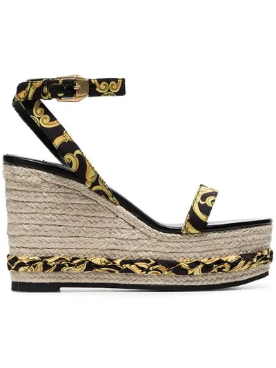 Shop Versace Tribute Baroque Print Ankle Strap Straw Wedges  In Black