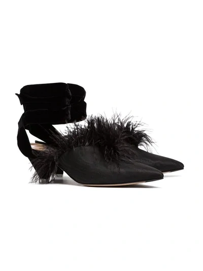 Shop Attico Black Feather Embellished 45 Velvet And Satin Mules