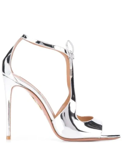Shop Aquazzura Front Lace-up Detailed Sandals In Silver