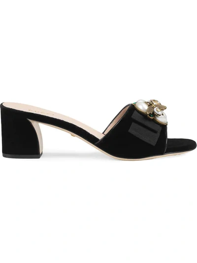 Shop Gucci Velvet Mid-heel Mule In Black