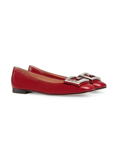 Shop Gucci Leather Ballet Flat With Crystal G Detail In 6438 Red