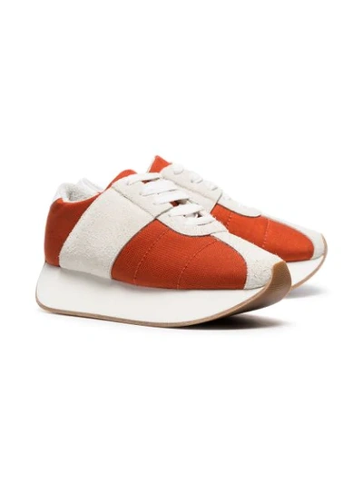 Shop Marni Orange And White 40 Suede Panel Flatform Sneakers
