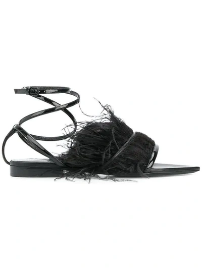 Shop Saint Laurent Feather Trim Ankle Strap Sandals In Black