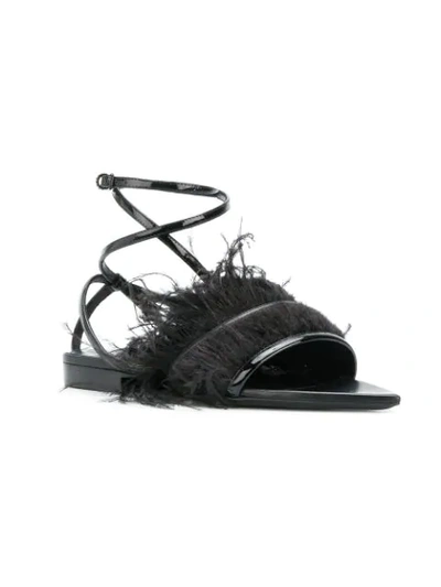 Shop Saint Laurent Feather Trim Ankle Strap Sandals In Black