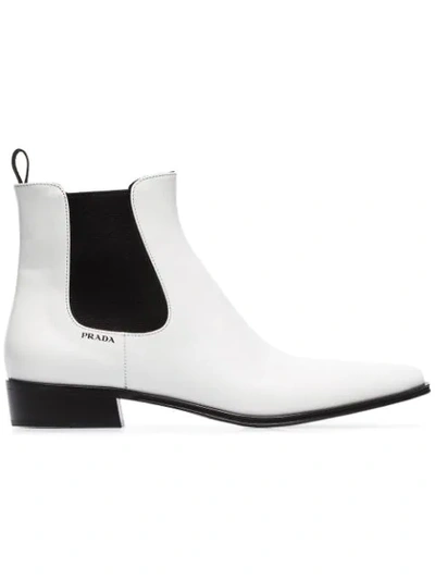 Shop Prada White Cowboy 30 Leather Ankle Boots