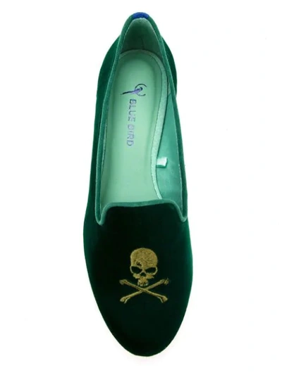Shop Blue Bird Shoes Velvet Skull Embroidered Loafers In Green