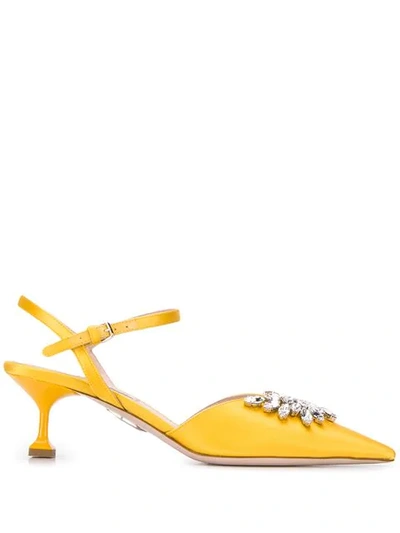 Shop Miu Miu Embellished Slingback Pumps In Yellow