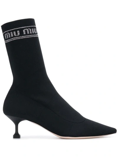 Shop Miu Miu Black 55 Logo Fabric Sock Boots