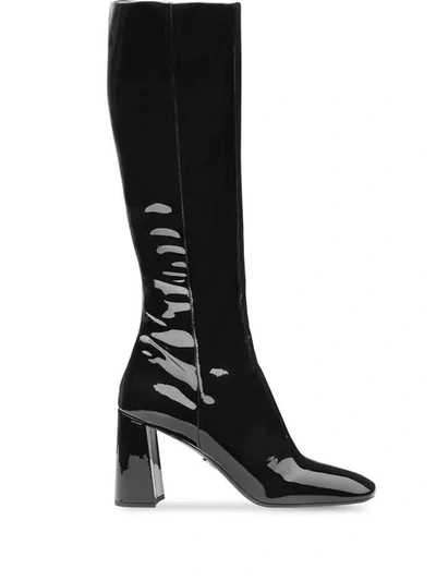 Shop Prada Fitted Patent Boots In Black