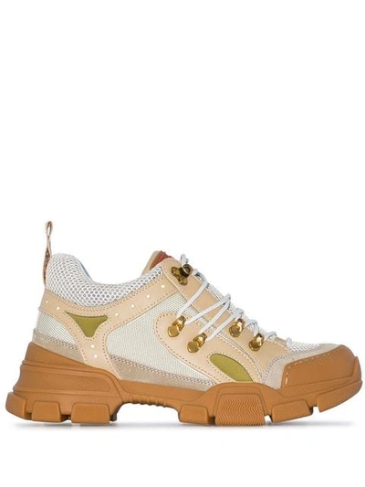 Shop Gucci Beige, Green And Brown Flashtrek Leather And Mesh Sneakers In Neutrals