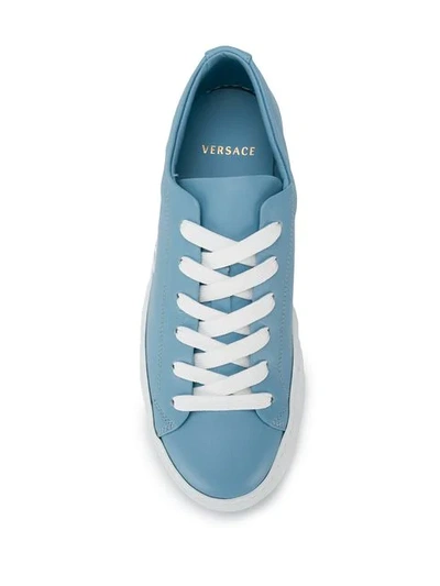 Shop Versace Logo Embroidered Sneakers In Blue