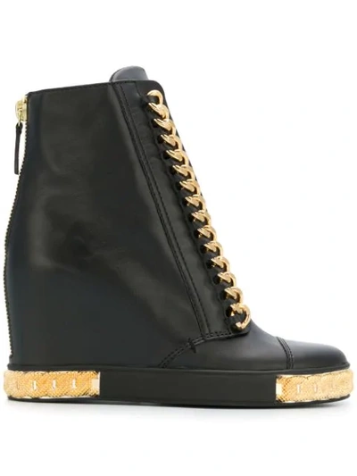 Shop Casadei Chain Embellished Wedge Sneakers In Black