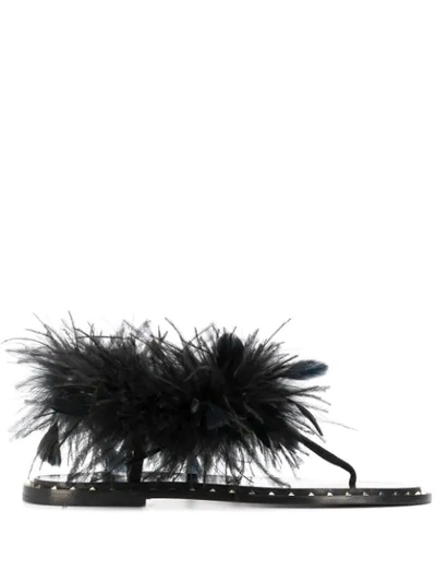 Shop Valentino Feather-detail Flat Sandals In Black