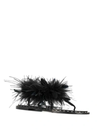 Shop Valentino Feather-detail Flat Sandals In Black