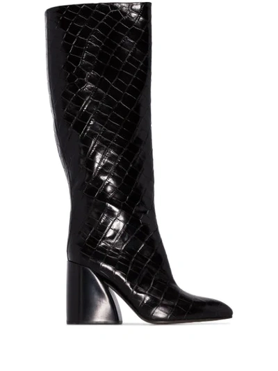 Shop Chloé Wave 90mm Croc-effect Knee-high Boots In Black