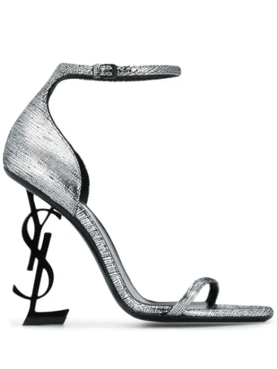 Shop Saint Laurent Opyum Leather Sandals In Silver
