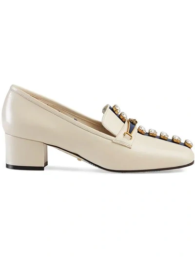 Shop Gucci Leather Pumps With Crystal Stripe In White