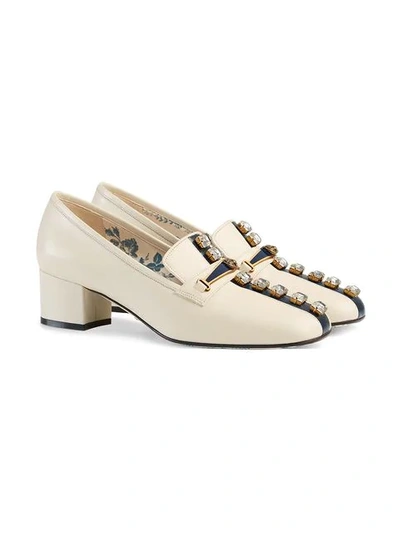 Shop Gucci Leather Pumps With Crystal Stripe In White