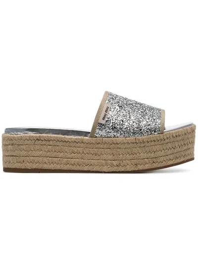 Shop Miu Miu Silver Metallic 45 Glitter Espadrille Wedge Sandals