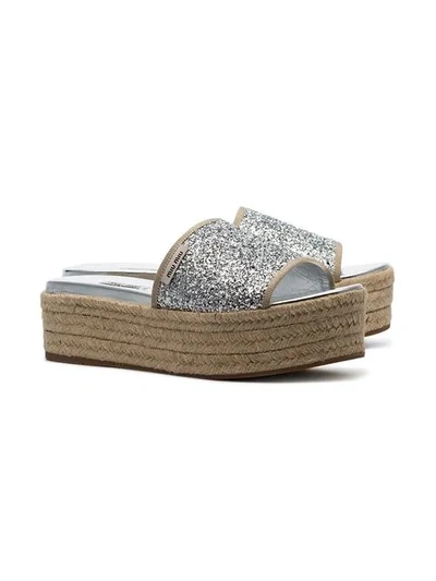 Shop Miu Miu Silver Metallic 45 Glitter Espadrille Wedge Sandals