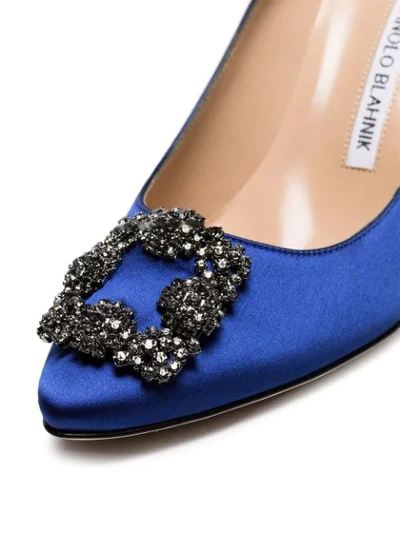 Shop Manolo Blahnik Blue Hangisi 70 Silk Satin Leather Pumps