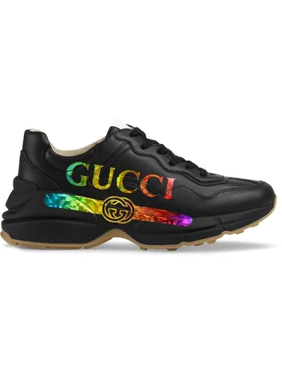 Shop Gucci Brand Logo Rhyton Leather Sneakers In Black