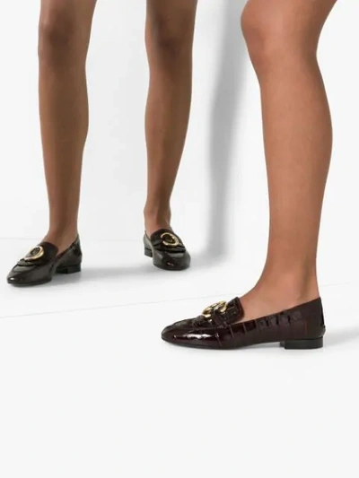 Shop Chloé Purple C Logo Croc Embellished Leather Loafers In Red