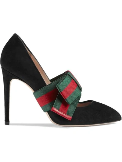 Shop Gucci Suede Pumps With Removable Web Bow In 1000 Black