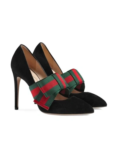 Shop Gucci Suede Pumps With Removable Web Bow In 1000 Black