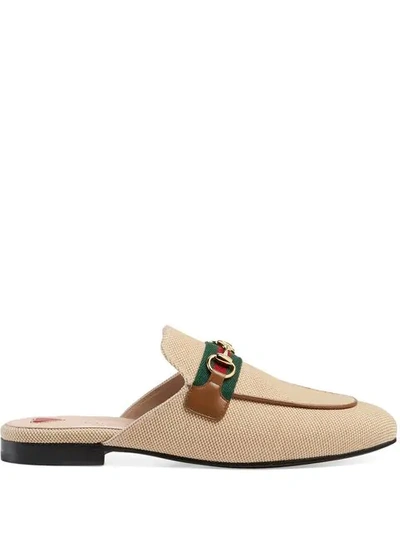 Shop Gucci Princetown Canvas Slippers In Brown