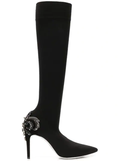 Shop René Caovilla Embellished Heel Knee-high Boots - Black