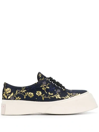 Shop Marni Floral Embroidered Flatform Sneakers In Blue