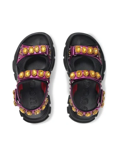 Shop Gucci Metallic Leather Sandal With Crystals In Pink ,yellow