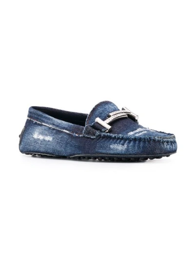 Shop Tod's Distressed Denim Gommino Driving Shoes In Blue