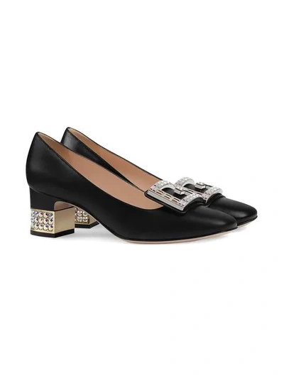 Shop Gucci Leather Mid-heel Pump With Crystal G In Black