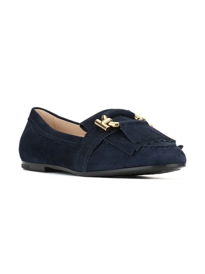 Shop Tod's Fringed Trim Loafers In Blue
