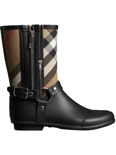 Shop Burberry Buckle And Strap Detail Check Rain Boots In Black