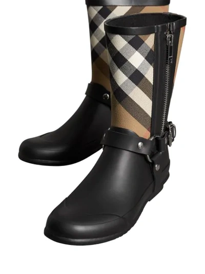 Shop Burberry Buckle And Strap Detail Check Rain Boots In Black